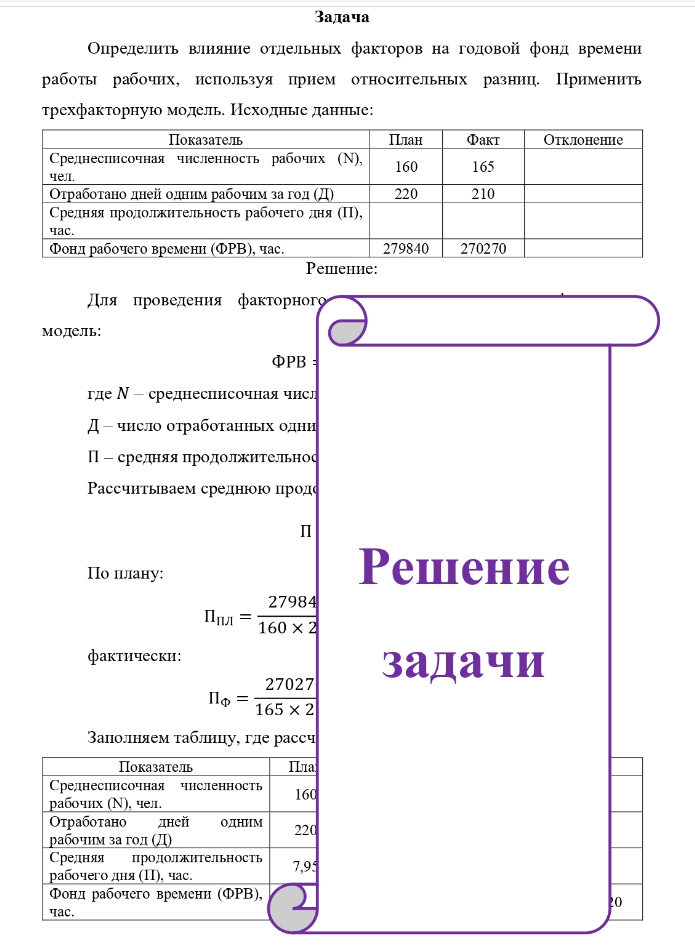 Задача Определить влияние отдельных факторов на годовой фонд времени работы рабочих, используя прием относительных разниц. Применить трехфакторную модель.