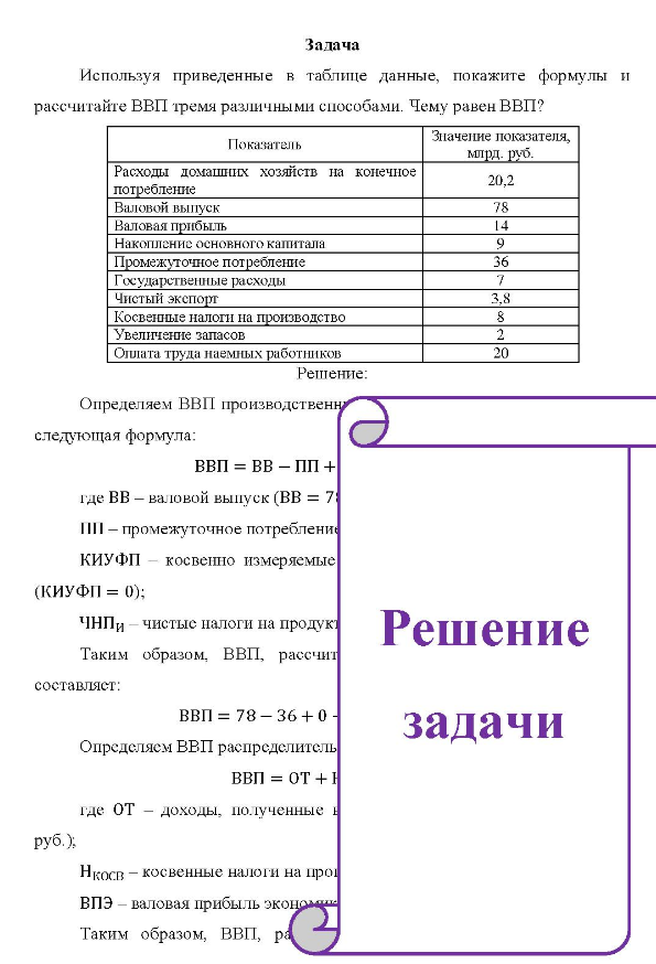 Используя приведенные в таблице данные, покажите формулы и рассчитайте ВВП тремя различными способами. Чему равен ВВП? Показатель Значение показателя, млрд. руб. Расходы домашних хозяйств на конечное потребление Валовой выпуск Валовая прибыль Накопление основного капитала Промежуточное потребление Государственные расходы Чистый экспорт Косвенные налоги на производство Увеличение запасов Оплата труда наемных работников 20,2 36 20
