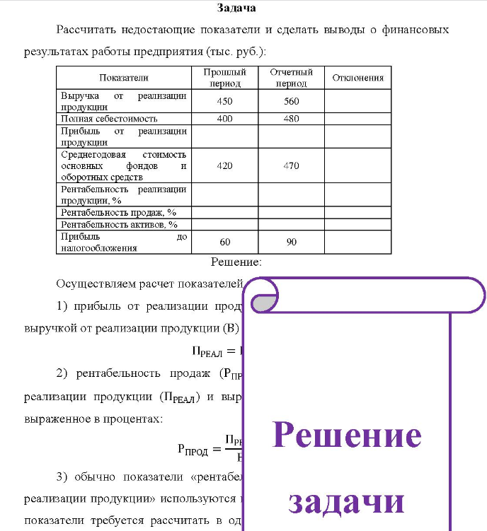 Рассчитать недостающие показатели и сделать выводы о финансовых результатах работы предприятия (тыс. руб. ): Показатели Прошлый период Отчетный период Отклонения Выручка от реализации продукции Полная себестоимость Прибыль