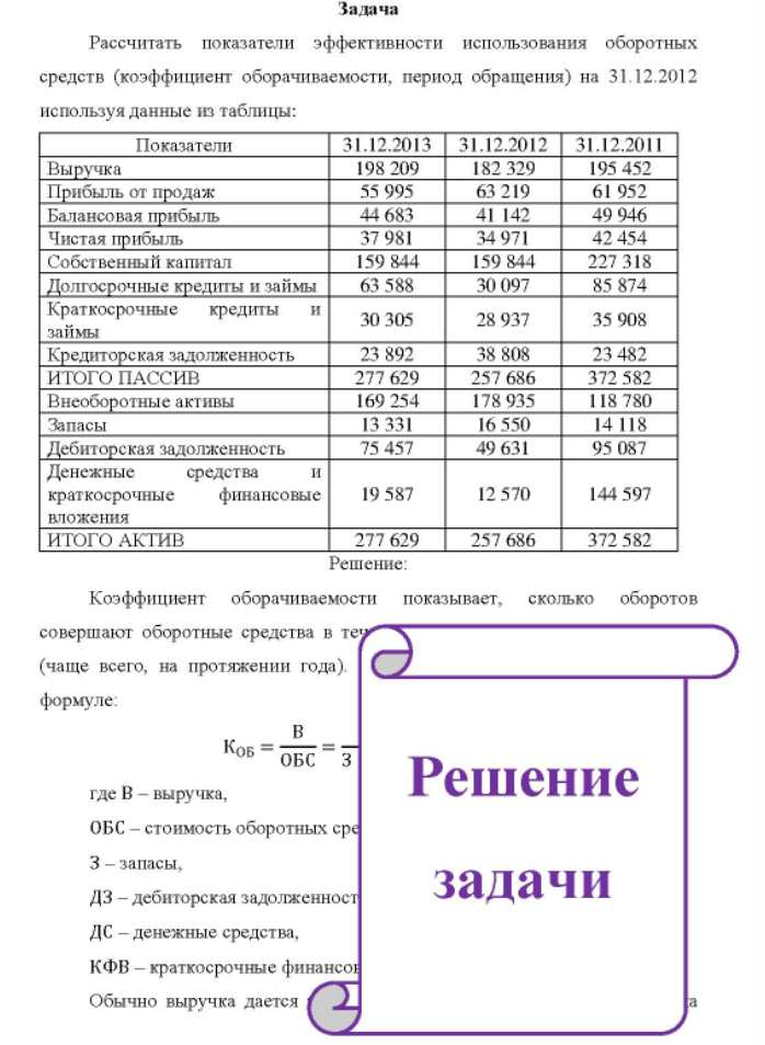 Рассчитать показатели эффективности использования оборотных средств (коэффициент оборачиваемости, период обращения) на 31.12.2012 используя данные из таблицы: Показатели Пок Выручка Прибыль от продаж Балансовая прибыль Чистая прибыль Собственный капитал Долгосрочные кредиты и займы Краткосрочные кредиты и займы Кредиторская
