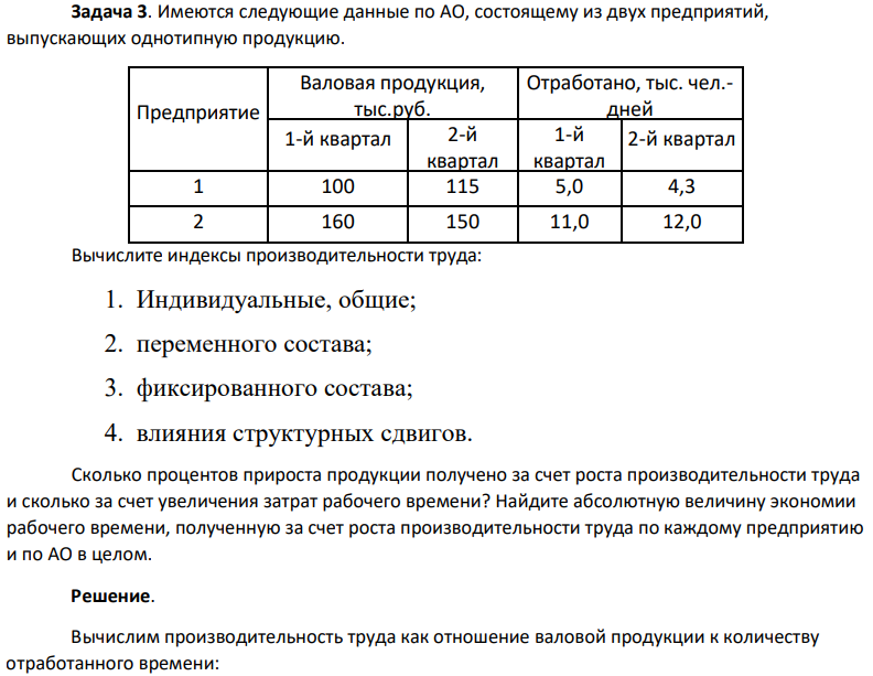 Имеются следующие данные по АО, состоящему из двух предприятий, выпускающих однотипную продукцию.