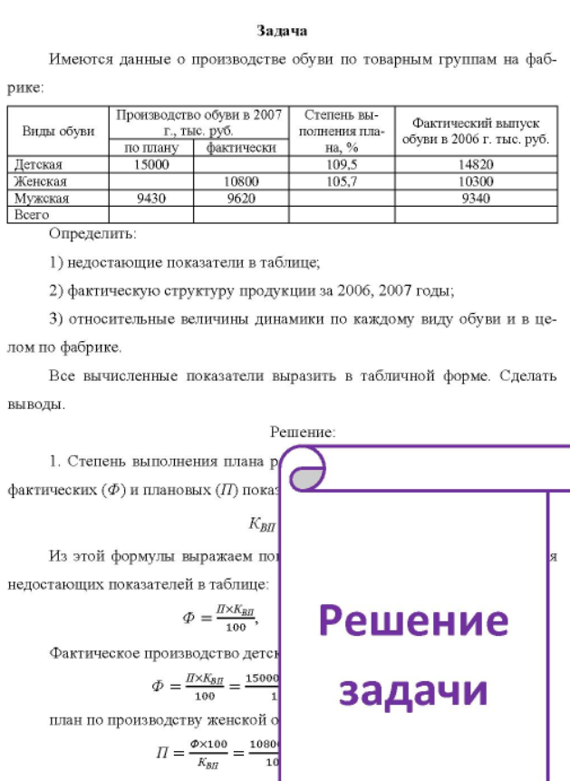 Имеются данные о производстве обуви по товарным группам на фаб- рике: Виды обуви Детская Женская Мужская Всего Производство обуви в 2007 Степень выг., тыс. руб. полнения пла- по плану фактически