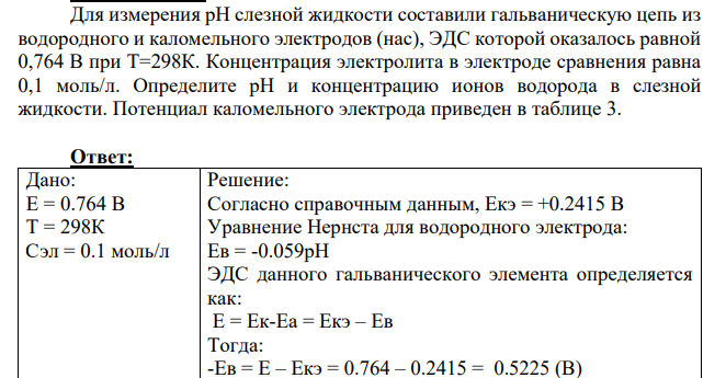 Для измерения рН слезной жидкости составили гальваническую цепь из водородного и каломельного электродов (нас), ЭДС которой оказалось равной 0,764 В при T=298К.