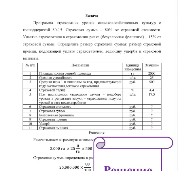 Задача Программа страхования уровня сельскохозяйственных культур с господдержкой 80-15. Страховая сумма - 80% от страховой стоимости. Участие страхователя в страховании риска (безусловная франшиза) - 15% от страховой суммы. Определить размер страховой суммы; размер страховой премии, подлежащей уплате страхователем, величину ущерба и страховой выплаты