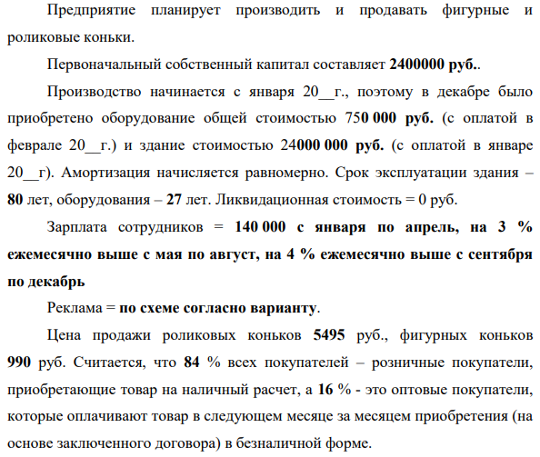 Предприятие планирует производить и продавать фигурные и роликовые коньки. Первоначальный собственный капитал составляет 2400000 руб.. Производство начинается с января 20__г., поэтому в декабре было приобретено оборудование общей стоимостью 750 000 руб. (с оплатой в феврале 20__г.) и здание стоимостью 24000 000 руб. (с оплатой в январе 20__г).