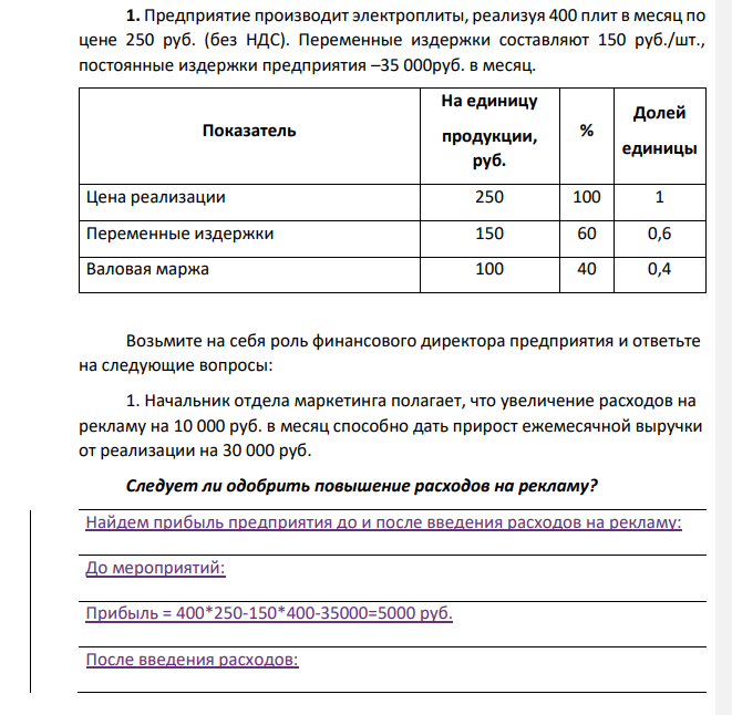 Предприятие производит электроплиты, реализуя 400 плит в месяц по цене 250 руб. (без НДС). Переменные издержки составляют 150 руб./шт., постоянные издержки предприятия –35 000руб. в месяц. Показатель На единицу продукции, руб. % Долей единицы Цена реализации 250 100 1