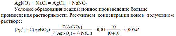 Выпадет ли осадок хлорида серебра, если к 10 мл 0.01 M. раствора AgNO3 прибавить 10 мл 0,01 NaCl?