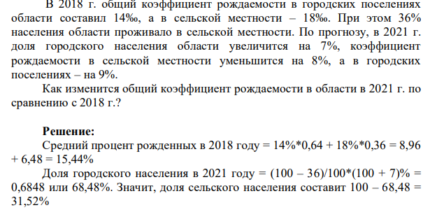 В 2018 г. общий коэффициент рождаемости в городских поселениях области составил 14‰, а в сельской местности – 18‰. При этом 36% населения области проживало в сельской местности. По прогнозу, в 2021 г. доля городского населения области увеличится на 7%, коэффициент рождаемости в сельской местности уменьшится на 8%, а в городских поселениях – на 9%.