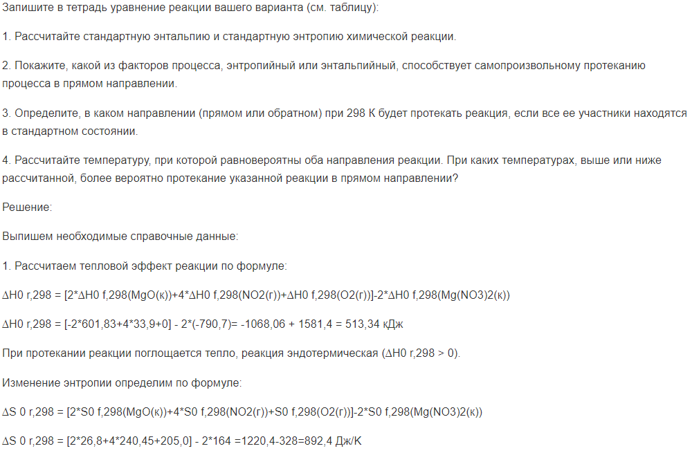 Запишите в тетрадь уравнение реакции вашего варианта (см. таблицу) 1. Рассчитайте стандартную энтальпию и стандартную энтропию химической реакции.: