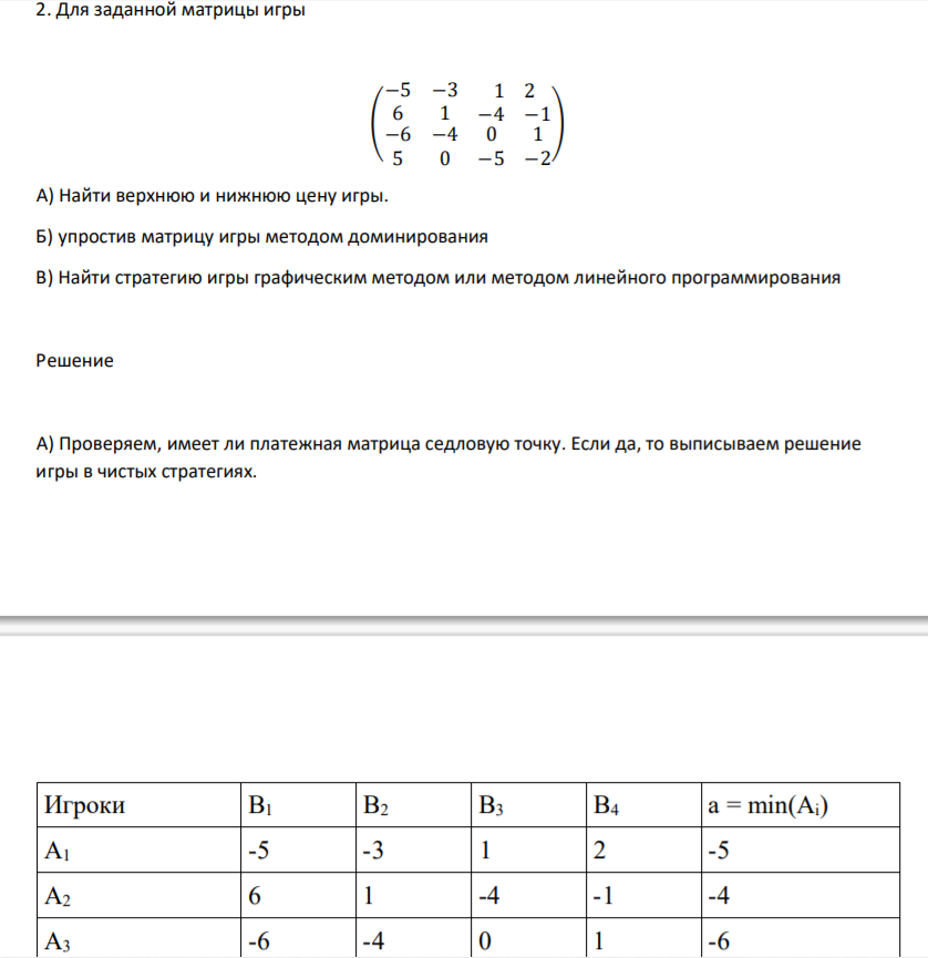 2. Для заданной матрицы игры