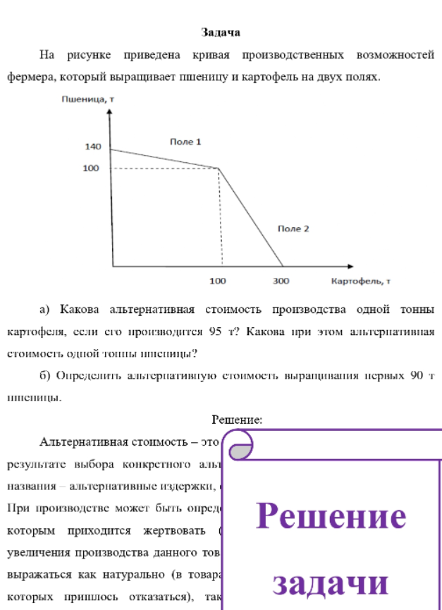На рисунке приведена кривая производственных возможностей фермера, который выращивает пшеницу и картофель на двух полях. Пшеница, т 140 Поле 1 100 Поле 2 100 300 Картофель, т a) Какова альтернативная стоимость производства одной тонны картофеля, ссли сго производится 95 т? Какова при этом альтерпативная стоимость одпой топны шисницы?