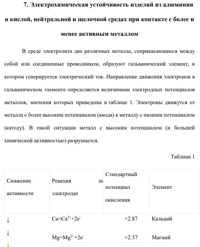 Электрохимическая устойчивость изделий из алюминия в кислой, нейтральной и щелочной средах при контакте с более и менее активным металлом