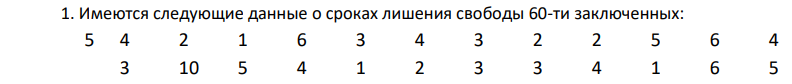 1. Имеются следующие данные о сроках лишения свободы 60-ти заключенных: 5 4 2 1 6 3 4 3 2 2 5 6 4 3 10 5 4 1 2 3 3 4 1 6 5 366 3 4 3 5 12 4 3 2 4 6 4 4 3 1 5 4 3 12 6 7 3 4 5 5 3 3 3 4 5 6 2 4 3 10 2 Постройте: 1) ряд распределения по срокам лишения свободы; 2) ряд распределения по срокам лишения свободы, выделив в нем три группы: до 3-х лет, от 3 до 5 и свыше 5.