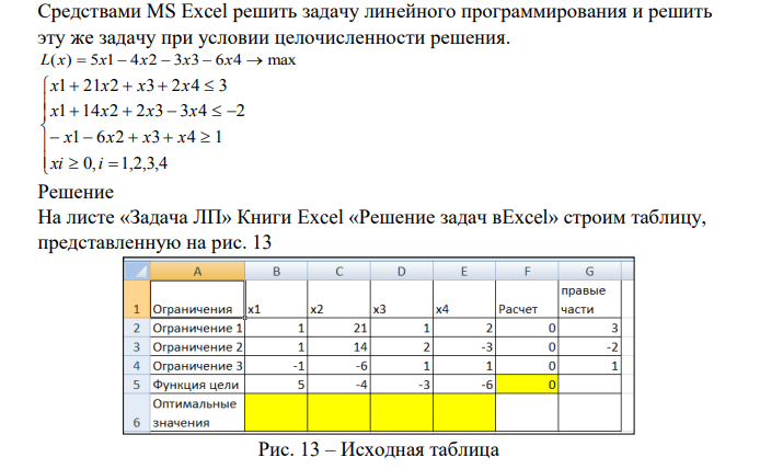 Средствами MS Excel решить задачу линейного программирования и решить эту же задачу при условии целочисленности решения. L(x) 5x1 4x2 3x3 6x4 max 0, 1,2,3,4 1 6 2 3 4 1 1 14 2 2 3 3 4 2 1 21 2 3 2 4 3 xi i x x x x x x x x x x x x