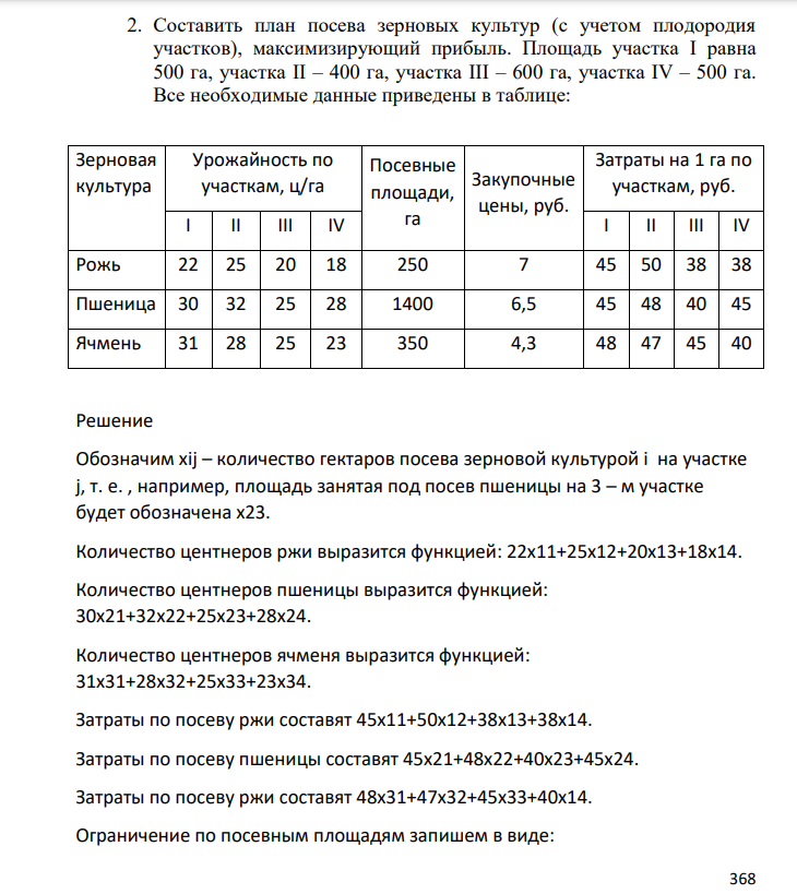 Составить план посева зерновых культур (с учетом плодородия участков), максимизирующий прибыль. Площадь участка I равна 500 га, участка II – 400 га, участка III – 600 га, участка IV – 500 га. Все необходимые данные приведены в таблице: Зерновая культура Урожайность по участкам, ц/га