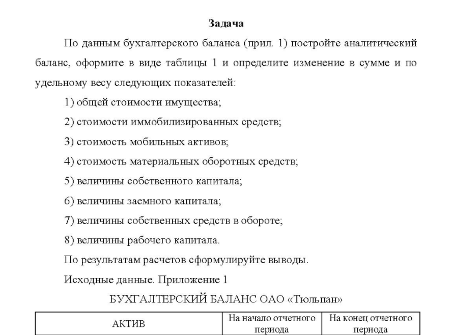 По данным бухгалтерского баланса (прил. 1) постройте аналитический баланс, оформите в виде таблицы 1 и определите изменение в сумме и по удельному весу следующих показателей: 1) общей стоимости имущества; 2) стоимости иммобилизированных средств;