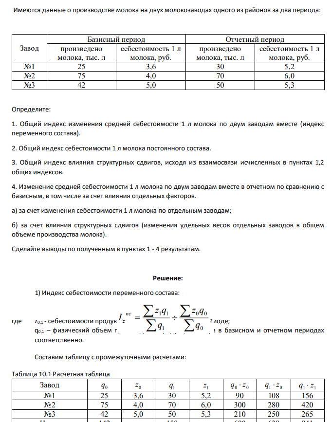 Имеются данные о производстве молока на двух молокозаводах одного из районов за два периода: Завод Базисный период Отчетный период произведено молока, тыс. л себестоимость 1 л молока, руб. произведено молока