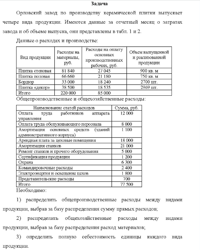 Задача Орловский завод по производству керамической плитки выпускает четыре вида продукции. Имеются данные за отчетный месяц о затратах завода и об объеме выпуска, они представлены в табл. 1 и 2. Данные о расходах и производстве: Расходы на Вид продукции материалы, руб.