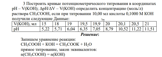 Построить кривые потенциометрического титрования в координатах рН – V(KOH); ΔрН/ΔV – V(KOH) определить концентрацию (моль/л) раствора СН3СООН, если при титровании 10,00 мл кислоты 0,1000 М КОН получили