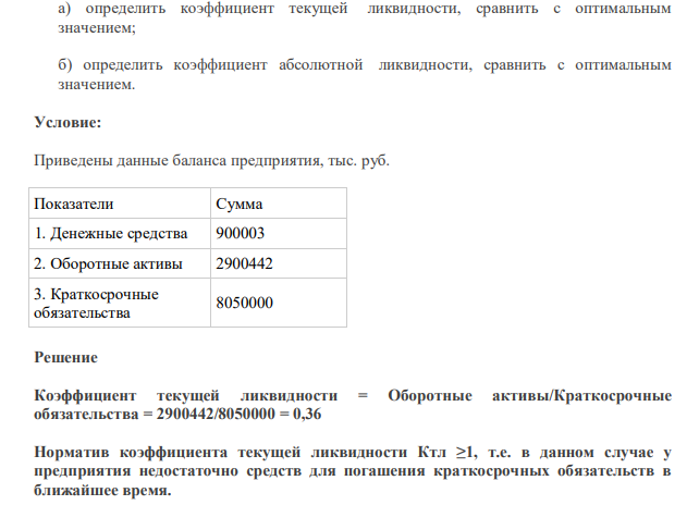 Требуется: а) определить коэффициент текущей ликвидности, сравнить с оптимальным значением; б) определить коэффициент абсолютной ликвидности, сравнить с оптимальным значением.