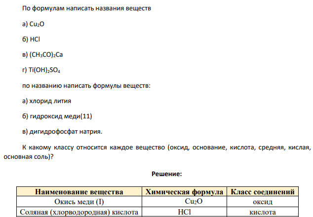 По формулам написать названия веществ а) Cu2O б) HCl в) (CH3CO)2Ca