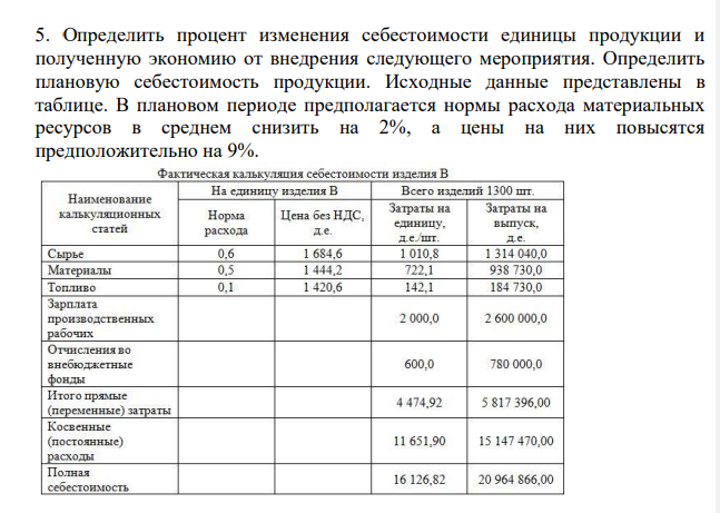 Определить процент изменения себестоимости единицы продукции и полученную экономию от внедрения следующего мероприятия. Определить плановую себестоимость продукции. Исходные данные представлены в таблице.