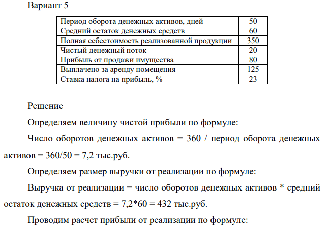 Определить долю чистого денежного потока в чистой прибыли организации по следующим исходным данным (тыс. руб.): Вариант 5 Период оборота денежных активов, дней 50 Средний остаток денежных средств 60