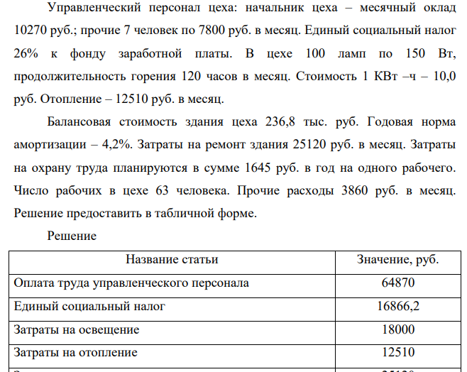 Составить смету цеховых расходов на месяц. Управленческий персонал цеха: начальник цеха – месячный оклад 10270 руб.; прочие 7 человек по 7800 руб. в месяц. Единый социальный налог 26% к фонду заработной платы.
