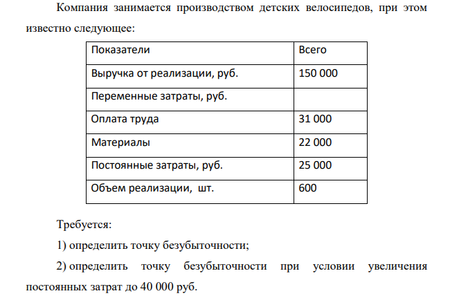 Компания занимается производством детских велосипедов, при этом известно следующее: Показатели Всего Выручка от реализации, руб. 150 000 Переменные затраты, руб. Оплата труда 31 000 Материалы 22 000 Постоянные затраты, руб. 25 000 Объем реализации, шт. 600 Компания занимается производством детских велосипедов, при этом известно следующее: Показатели Всего Выручка от реализации, руб. 150 000 Переменные затраты, руб. Оплата труда 31 000 Материалы 22 000 Постоянные затраты, руб. 25 000 Объем реализации, шт. 600