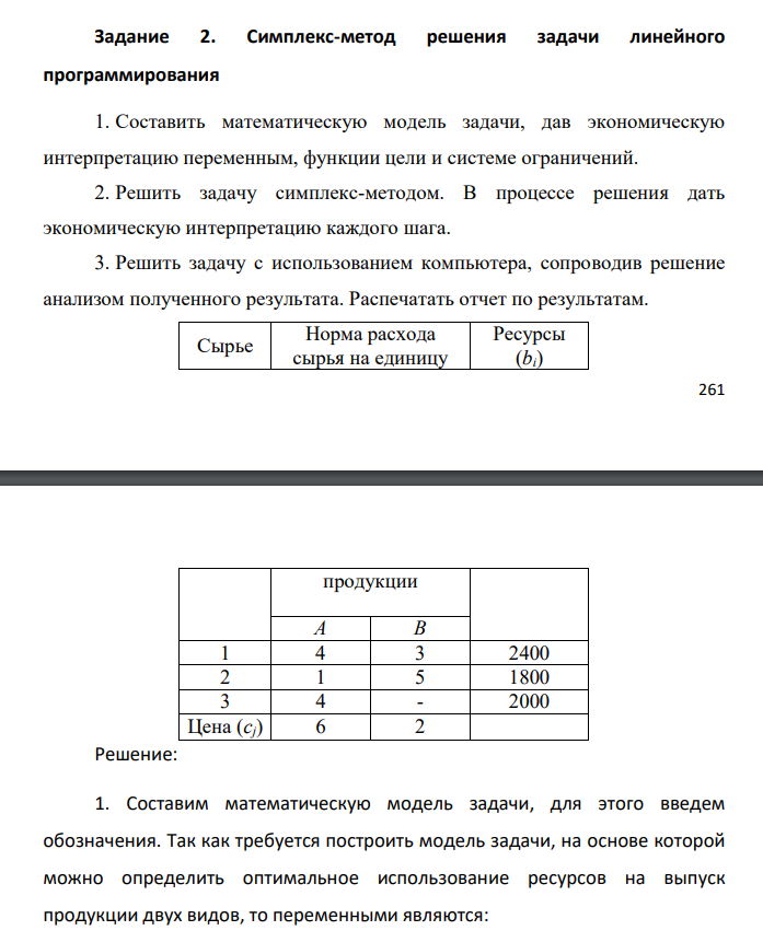 Симплекс-метод решения задачи линейного программирования 1. Составить математическую модель задачи, дав экономическую интерпретацию переменным, функции цели и системе ограничений. 2. Решить задачу симплекс-методом. В процессе решения дать экономическую интерпретацию каждого шаг