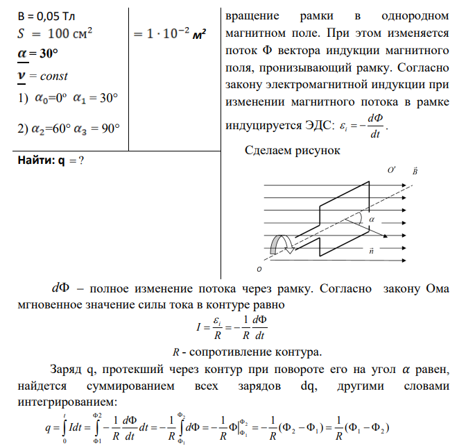 Рамка из провода сопротивлением R = 0,01 Ом равномерно вращается в однородном магнитном поле с индукцией B = 0,05 Тл. Ось вращения лежит в плоскости рамки и перпендикулярна линиям индукции. Площадь S рамки равна 100 см2 .
