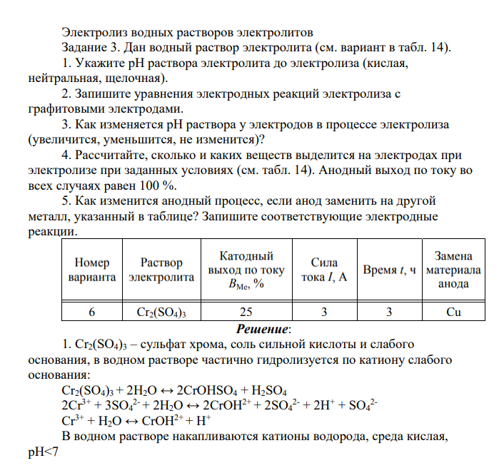 Дан водный раствор электролита (см. вариант в табл. 14). 1. Укажите рН раствора электролита до электролиза (кислая, нейтральная, щелочная). 2. Запишите уравнения электродных реакций электролиза с графитовыми электродами. 3. Как