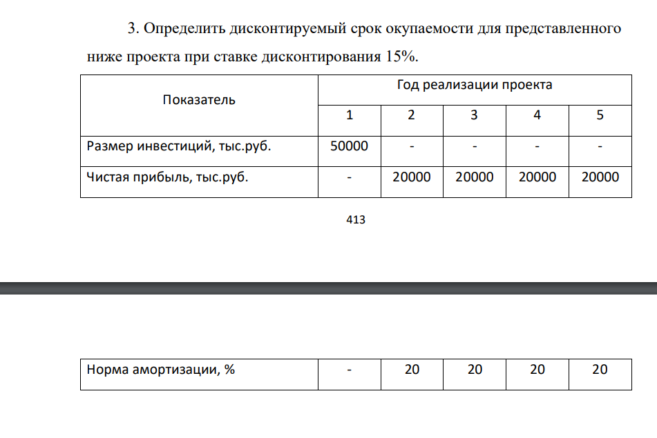 Определить дисконтируемый срок окупаемости для представленного ниже проекта при ставке дисконтирования 15%. Показатель Год реализации проекта 1 2 3 4 5 Размер инвестиций, тыс.руб. 50000 - - - - Чистая прибыль, тыс.руб. - 20000 20000 20000 20000 414 Норма амортизации, % - 20 20 20 20 415
