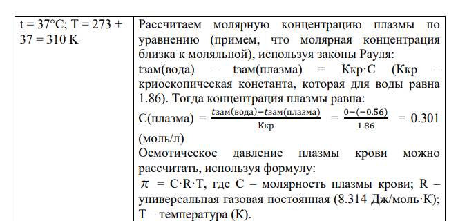 Плазма человеческой крови замерзает при (- 0,56°С). Определите осмотическую концентрацию плазмы и ее осмотическое давление при 37°С. В медицинской практике широко используют растворы, которые изотоничны плазме крови и приготовлены на основе хлорида натрия, хлорида кальция, глюкозы (C6H12О6), - их можно вводить в кровяное русло, не нарушая оптимальных условий функционирования форменных элементов крови, в частности эритроцитов.