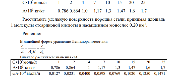 При исследовании адсорбции стеариновой кислоты из ее растворов в н- гексане различных концентраций С на порошке стали получены результаты: 54 С•105моль/л
