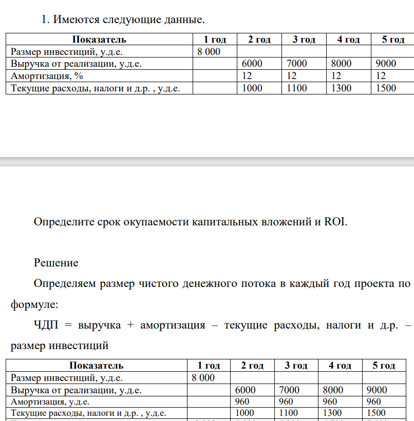Имеются следующие данные. Показатель 1 год 2 год 3 год 4 год 5 год Размер инвестиций, у.д.е. 8 000 Выручка от реализации, у.д.е. 6000 7000 8000 9000 Амортизация,