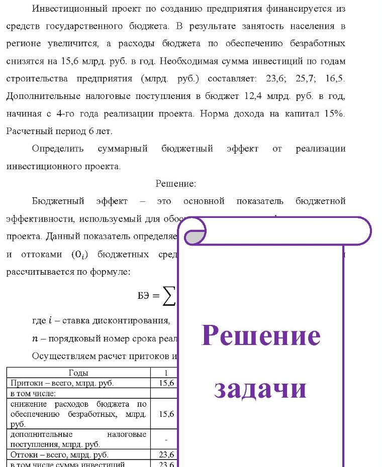 Инвестиционный проект по созданию предприятия финансируется из средств государственного бюджета. В результате занятость населения в регионе увеличится, а расходы бюджета по обеспечению безработных снизятся на 15,6 млрд. руб. в год. Необходимая сумма инвестиций по годам строительства