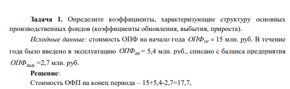 Определите коэффициенты, характеризующие структуру основных производственных фондов (коэффициенты обновления, выбытия, прироста). Исходные данные: стоимость ОПФ на начало года ОПФНГ = 15 млн. руб.