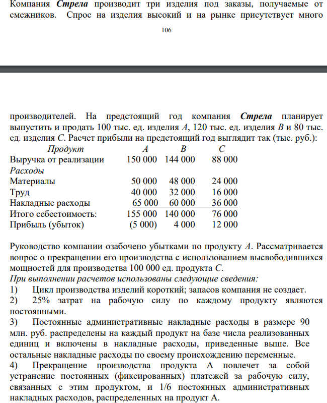 Компания Стрела производит три изделия под заказы, получаемые от смежников. Спрос на изделия высокий и на рынке присутствует много 107 производителей. На предстоящий год компания Стрела планирует выпустить и продать 100 тыс. ед. изделия А, 120 тыс. ед. изделия В и 80 тыс. ед. изделия С.