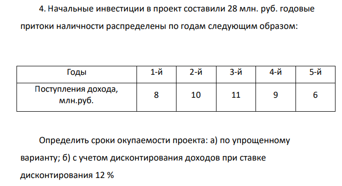 Начальные инвестиции в проект составили 28 млн. руб. годовые притоки наличности распределены по годам следующим образом: Годы 1-й 2-й 3-й 4-й 5-й Поступления дохода, млн.руб. 8 10 11 9 6