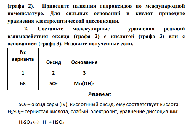Напишите формулы гидроксидов, соответствующих оксиду (графа 2). Приведите названия гидроксидов по международной номенклатуре. Для сильных оснований и кислот приведите уравнения электролитической диссоциации.