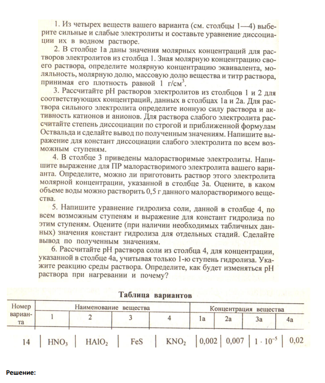 1. Из четырех веществ вашего варианта (см. столбцы 1- 4) выберите сильные и слабые электролиты и составьте уравнение диссоциации их в водном растворе. 2. В столбце lа даны значения молярных концентраций для растворов электролитов из столбца