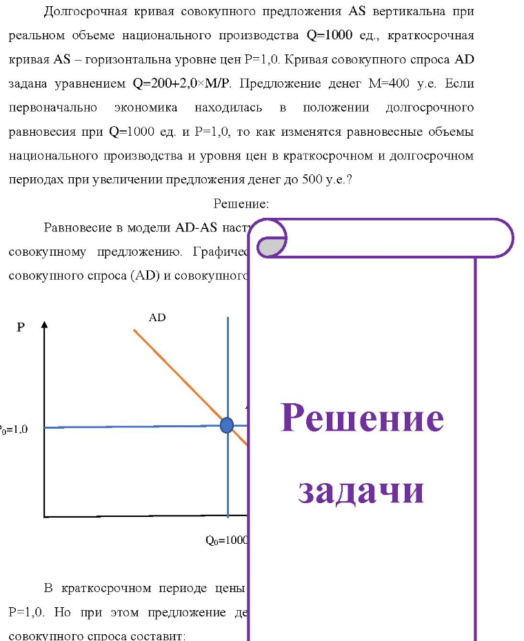 Долгосрочная кривая совокупного предложения AS вертикальна при реальном объеме национального производства Q=1000 ед., краткосрочная кривая AS - горизонтальна уровне цен Р=1,0. Кривая совокупного спроса AD задана уравнением Q=200+2,0×М/Р. Предложение денег М=400