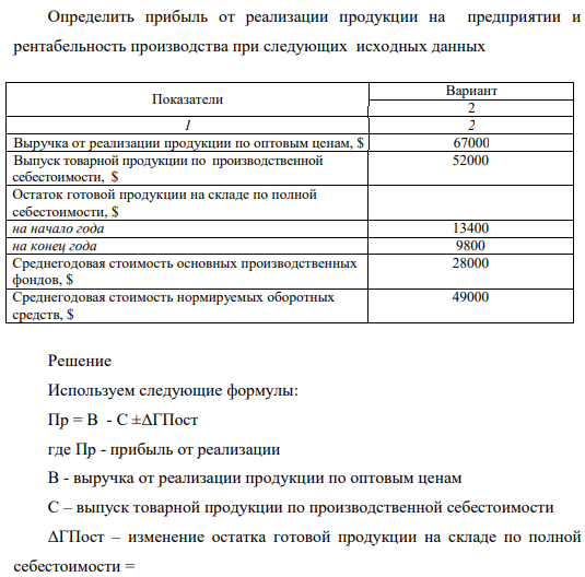 Определить прибыль от реализации продукции на предприятии и рентабельность производства при следующих исходных данных Выручка от реализации продукции по оптовым ценам 67000 $