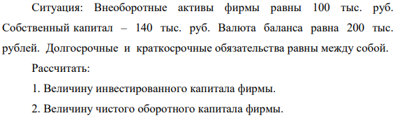 Внеоборотные активы фирмы равны 100 тыс. руб. Собственный капитал – 140 тыс. руб. Валюта баланса равна 200 тыс. рублей.