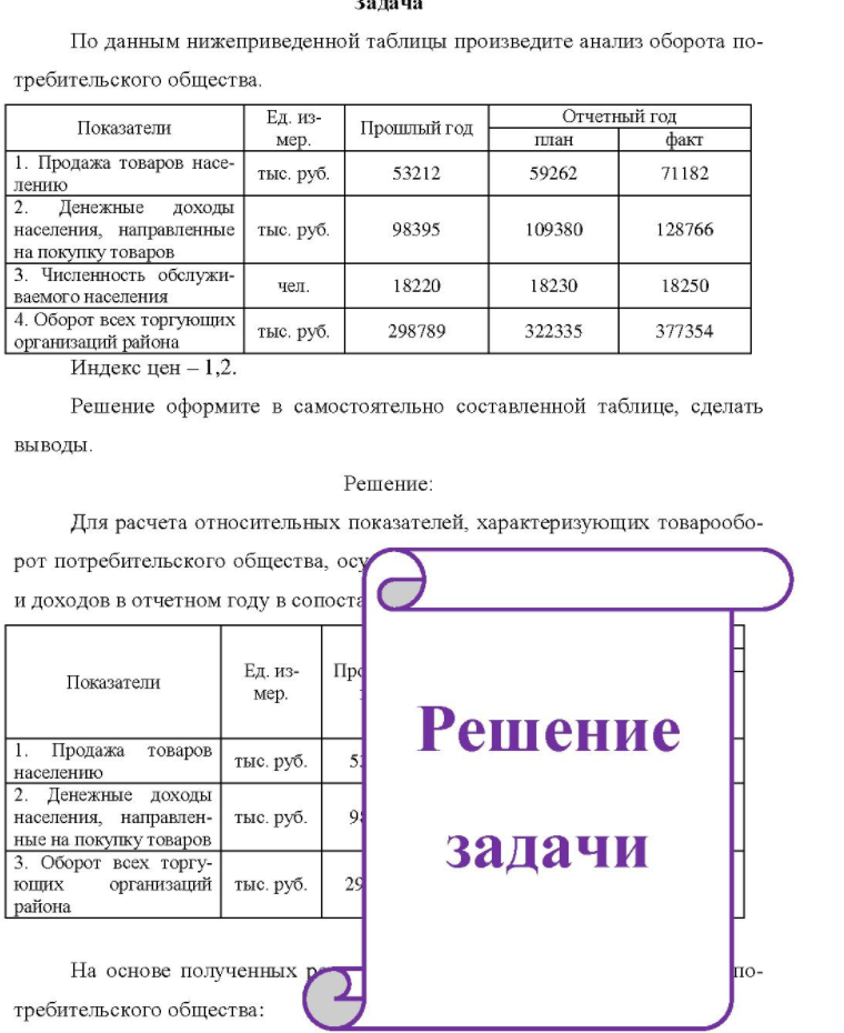 По данным нижеприведенной таблицы произведите анализ оборота по- требительского общества. Показатели Ед. измер. Прошлый год план Отчетный год факт 1. Про Продажа товаров насе- e- тыс. руб. лению 2. Денежные доходы
