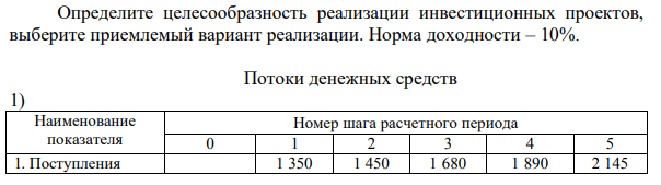 Определите целесообразность реализации инвестиционных проектов, выберите приемлемый вариант реализации. Норма доходности – 10%. Потоки денежных средств 1) Наименование показателя Номер шага расчетного периода 0 1 2 3 4 5 1.