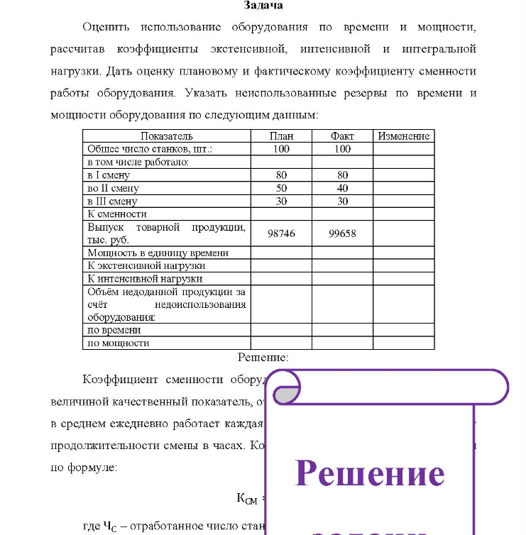 Оценить использование оборудования по времени и мощности, рассчитав коэффициенты экстенсивной, интенсивной и интегральной нагрузки. Дать оценку плановому и фактическому коэффициенту сменности работы оборудования.