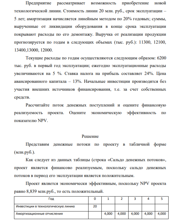 Предприятие рассматривает возможность приобретение новой технологической линии. Стоимость линии 20 млн. руб., срок эксплуатации – 5 лет; амортизация начисляется линейным методом по 20% годовых