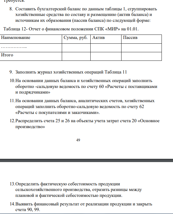 Требуется: 8. Составить бухгалтерский баланс по данным таблицы 1, сгруппировать хозяйственные средства по составу и размещению (актив баланса) и источникам их образования (пассив баланса) по следующей форме